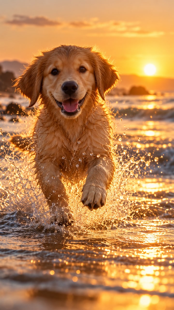 A golden retriever puppy running through shallow water at sunset