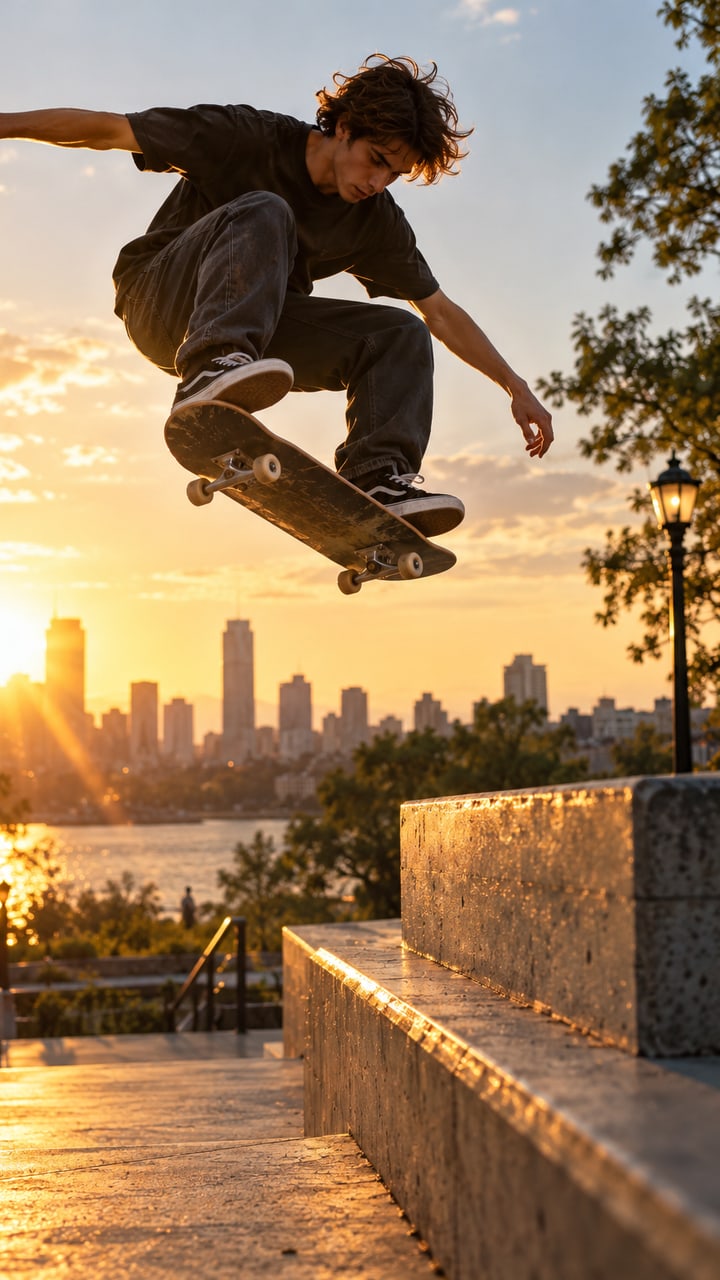 A skateboarder mid-air at golden hour