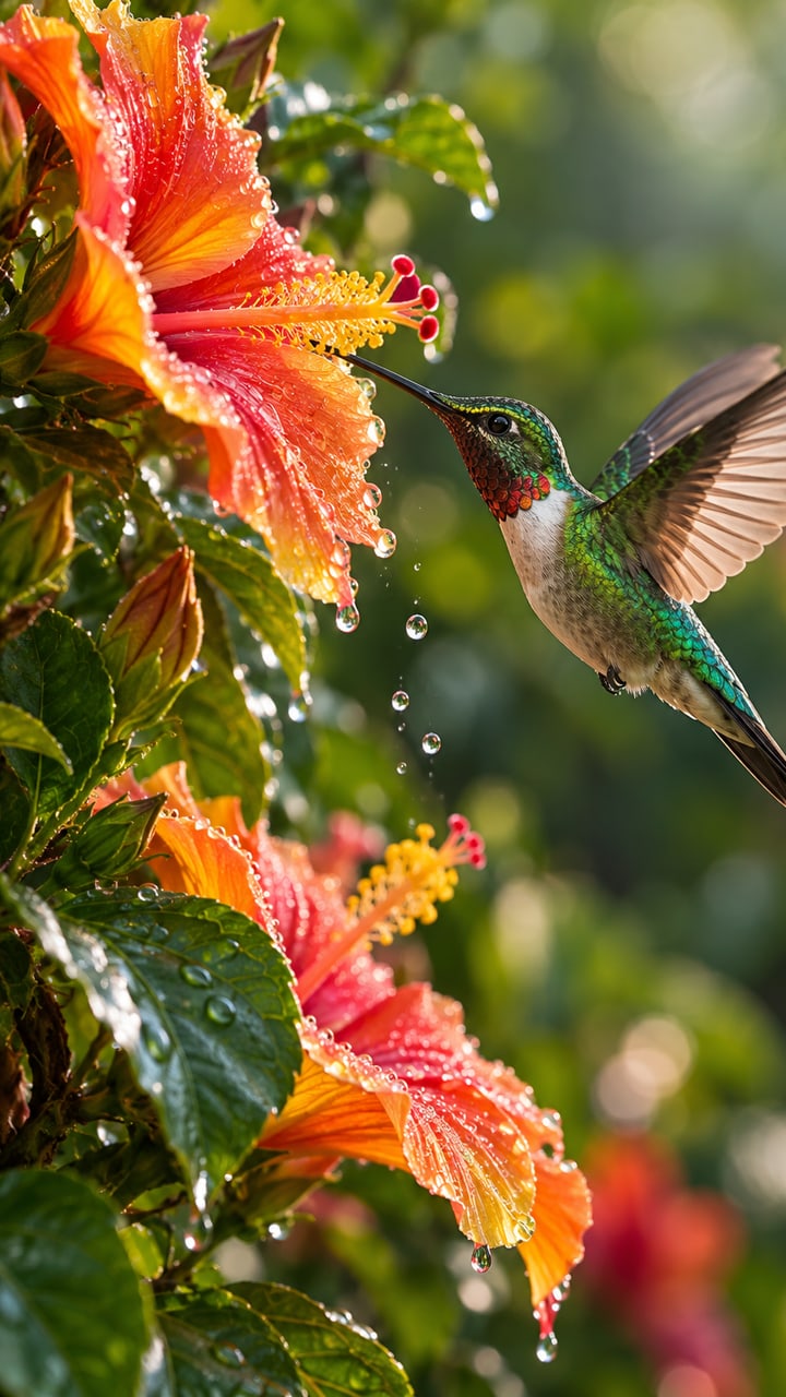 A hummingbird hovering beside tropical flowers
