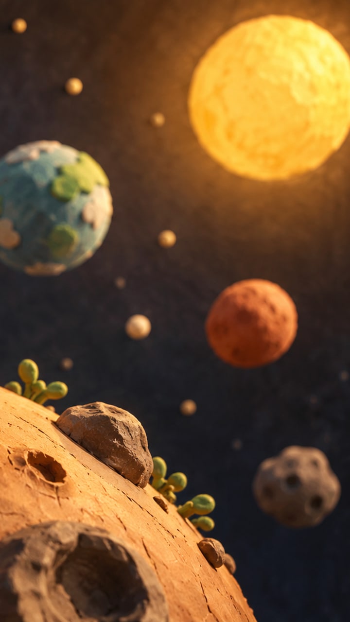 Stop-motion clay astronaut on a miniature planet